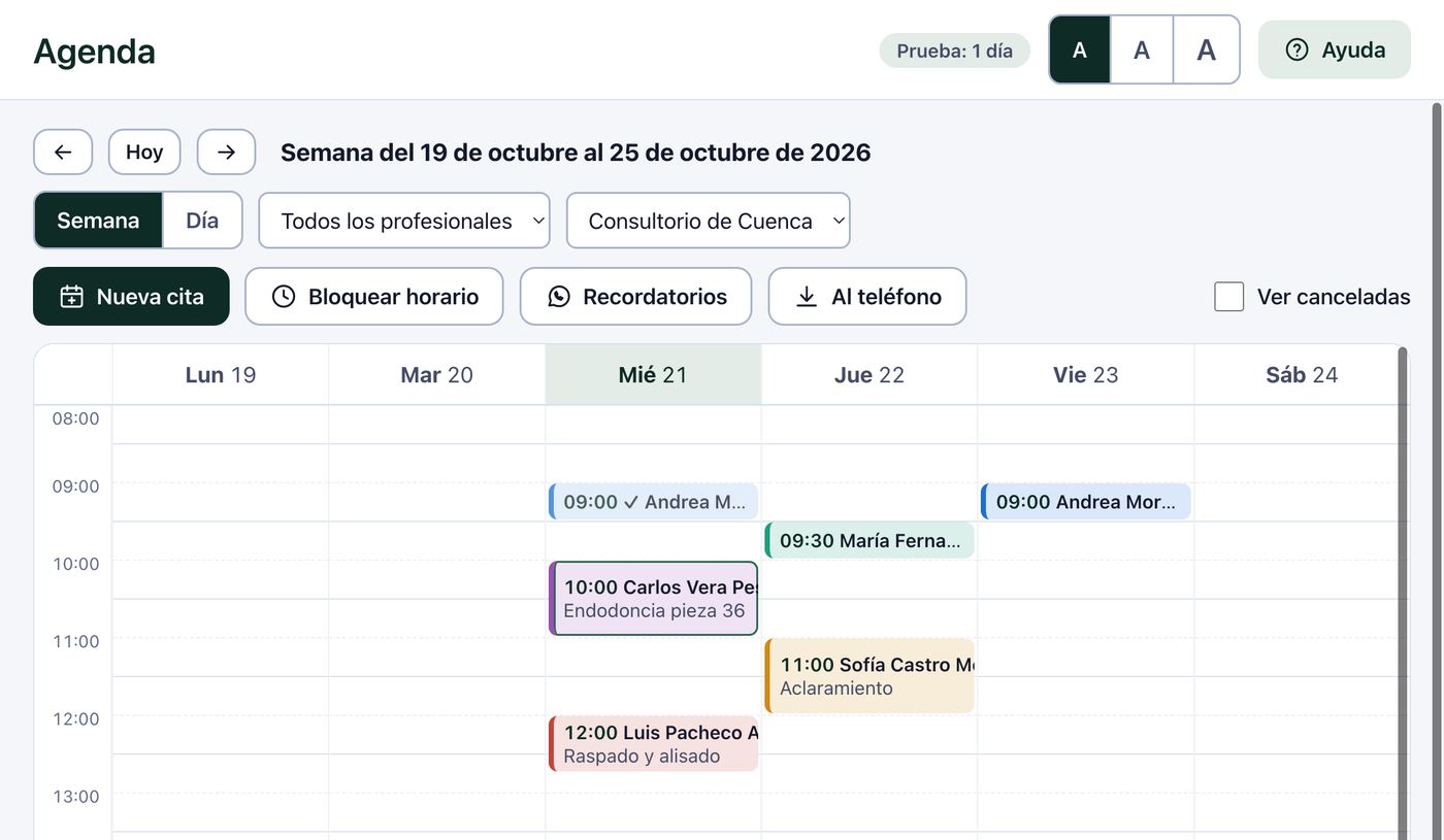 Agenda de Cúspide con las citas del día de cada profesional
