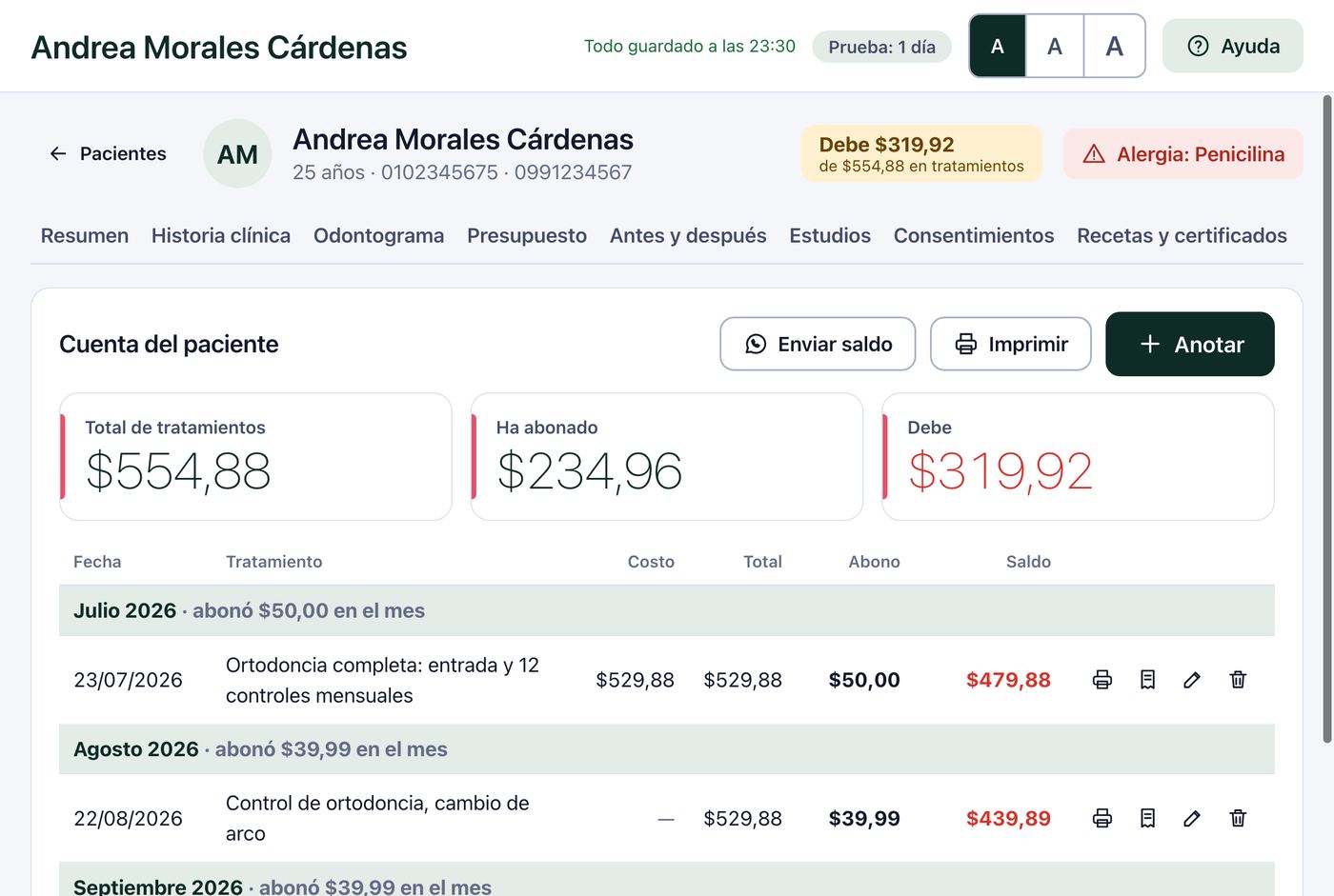 Cuenta de una paciente en Cúspide con el total de tratamientos, lo abonado y el saldo