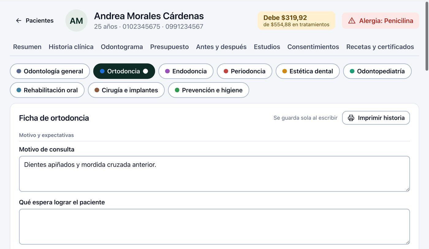 Ficha de ortodoncia en la historia clínica de Cúspide